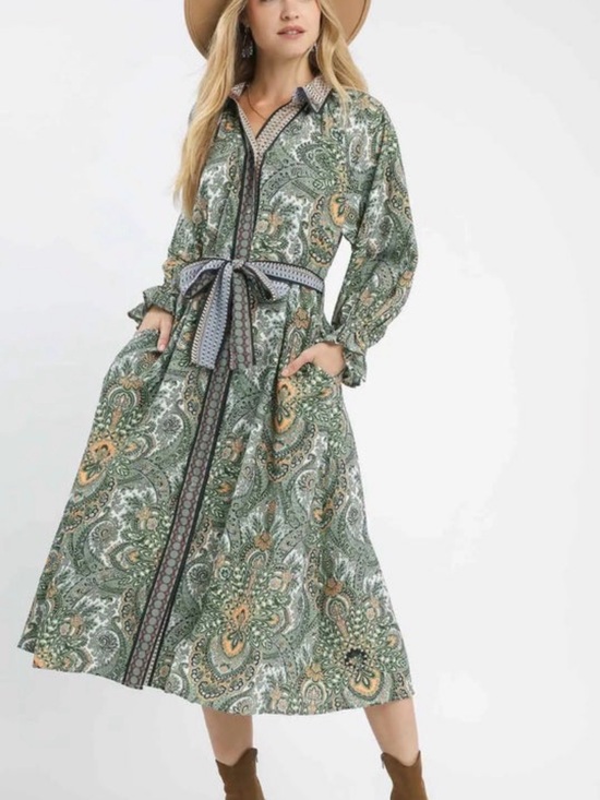 Umgee Dresses & Skirts - Green Paisley Long-Sleeve Shirt Dress with Tie Belt